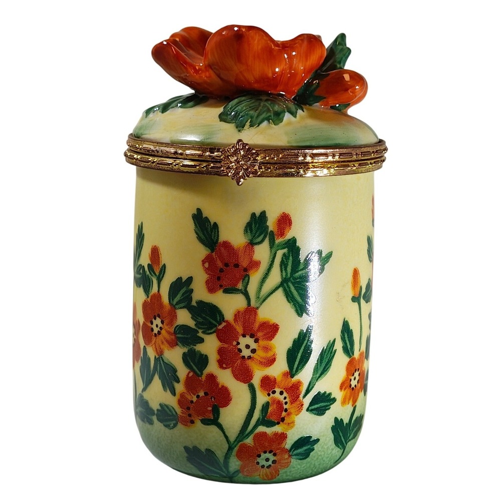 Vintage Hand Painted Porcelain Trinket Box Floral Hinged Lid Yellow Orange Green